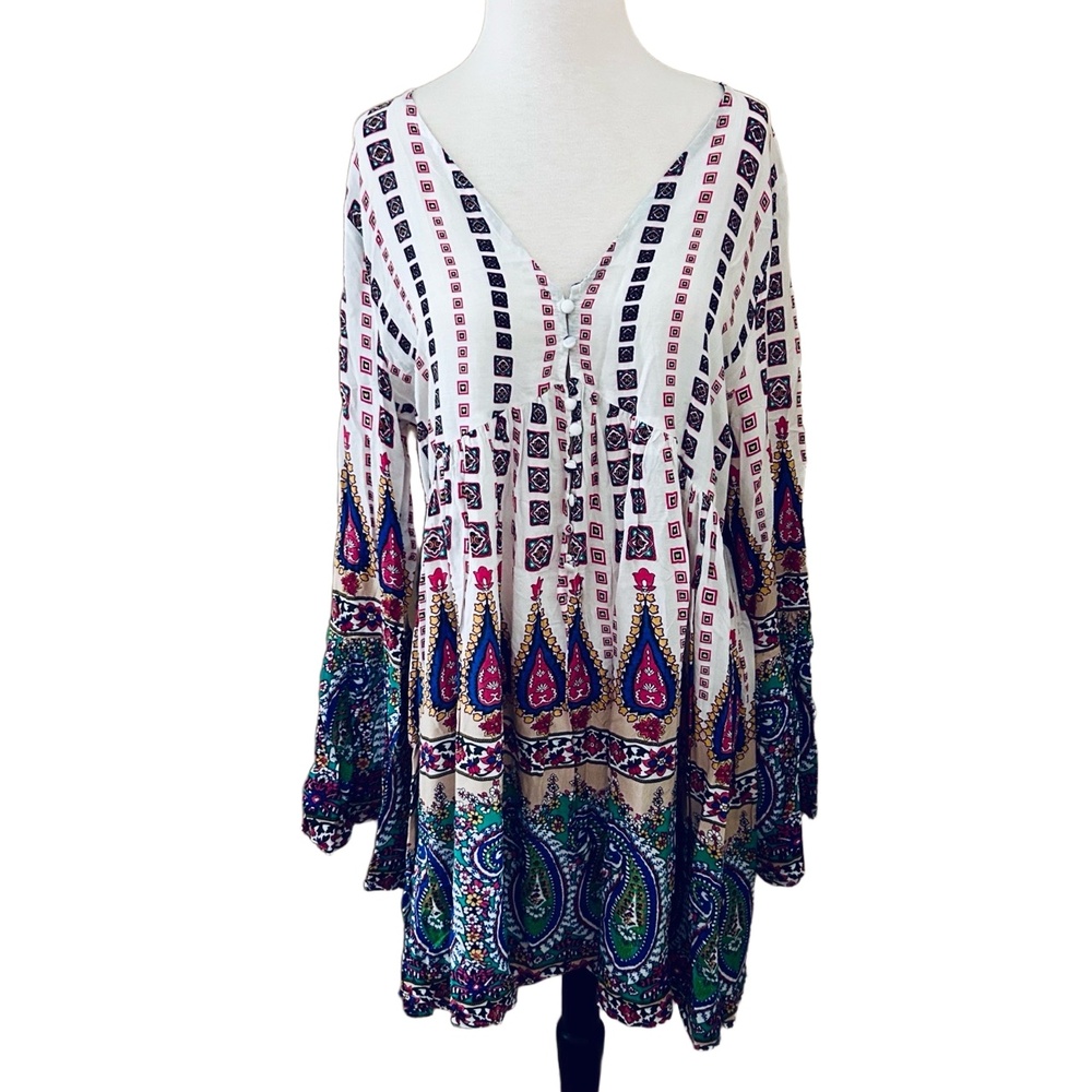 NWT Umgee Boho Paisley Floral Bell Sleeve Tunic Dress | Size Large